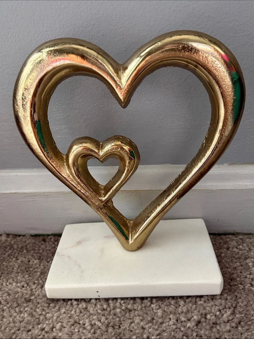 Gold Double Heart Sculpture on White Marble Base!